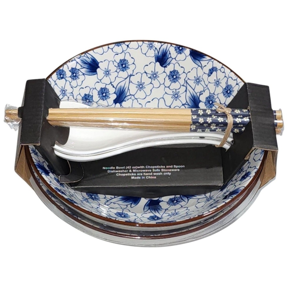 SH Home Blue Cherry Blossom Ceramic Ramen Noodle Bowl Set of 2 Chopsticks Spoon